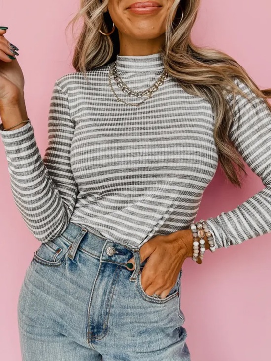 Tops - Striped Ribbed Long Sleeve Mock Neck Top - Gray & White